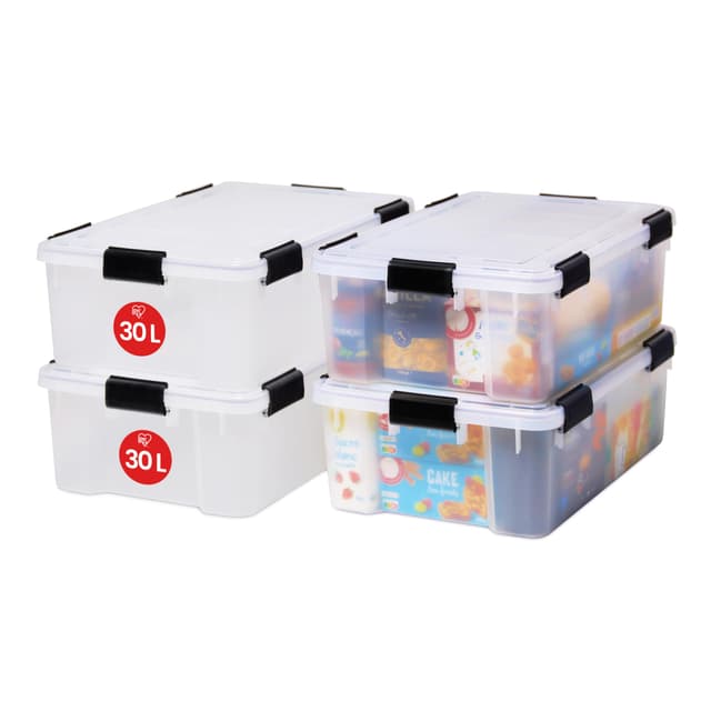Iris Ohyama Luftdichte Kunststoff-Aufbewahrungsboxen mit Deckel, 30L, 4er-Set, Transparent, Hermetischer wasserdichter Verschluss, Robuste Schnappverschlüsse, Stapelbar, Staubschutz, BPA-frei, AT-LS Transparent 30L / 4er-Set