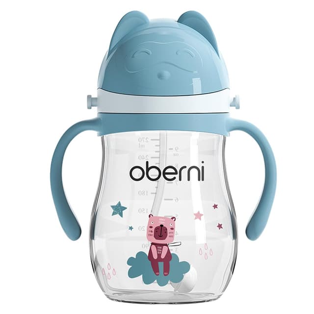 Oberni Trinklernbecher aus Tritan, 270ml Trinkflasche für Kleinkind ab 12 Monaten, Auslaufsicherer Trinklernbecher BPA-frei, Trinkbecher mit Griffe und Gurte tragen, Blau, 1 Stück