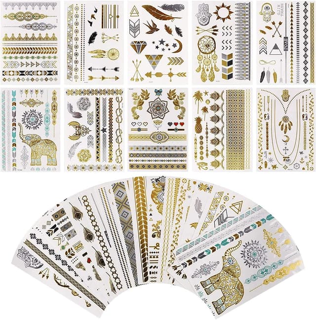 PROACC Metallic Temporäres Tattoo – 16 Blätter Musik Festival Flash Gold Temporäre Tattoos für Frauen, 300 Designs Wasserdichter goldener Tattoo-Aufkleber für den Körper von Mädchen