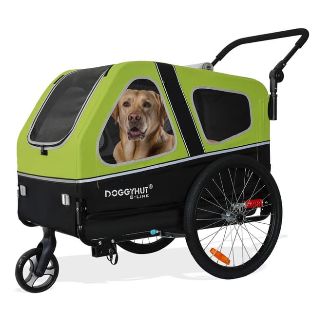 Doggyhut S-Line XL Hundeanhänger & Hundebuggy mit Federung 2 in 1 Hunde Fahrradanhänger Jogger gefedert bis 45 kg Grün/Schwarz