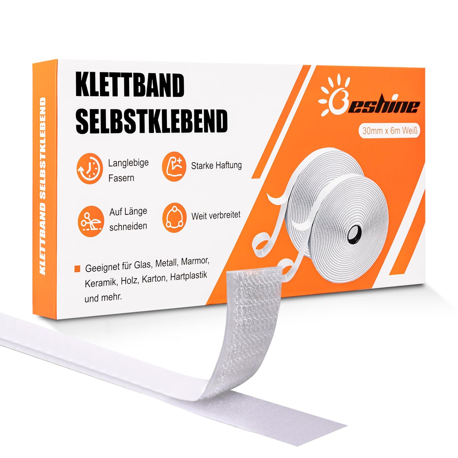 Beshine Klettband Selbstklebend, 30mm x 6m Premiumqualität Doppelseitiges Klebeband mit Klettverschluss Selbstklebend und Hakenband(Weiß) Weiß 30mm x 6m
