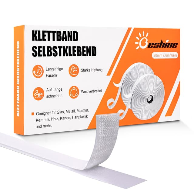 Beshine Klettband Selbstklebend, 30mm x 6m Premiumqualität Doppelseitiges Klebeband mit Klettverschluss Selbstklebend und Hakenband(Weiß) Weiß 30mm x 6m