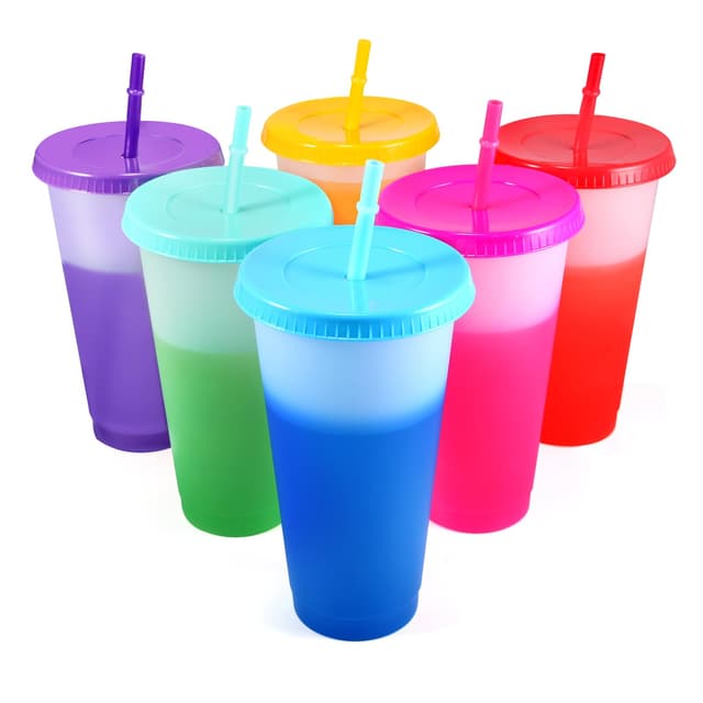 6 Stück Plastikbecher Trinkbecher Becher mit Strohhalm & Deckel - 710ml Groß Tasse Farbwechselbecher Kaffeebecher to go Becher Mehrweg Travel Tumbler für Eiskaffee Kaltes Trinken Smoothie Saft