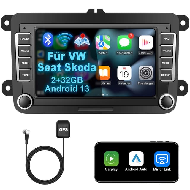 Lehwey Bluetooth Autoradio mit Bildschirm für Golf 5 6 VW Polo T5 Passat Touran Seat mit Navi WLAN FM/AM, Apple Carplay, Android Auto, Lenkrad Strg, 2Din Android 13 Dab Auto Radio Touch Display 7 Zoll