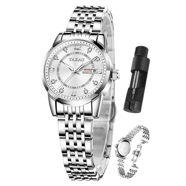 Taxau Uhren für Frauen Arabische Ziffern Kleines Zifferblatt Easy Read Damenuhren Einfacher Stil Datum Edelstahl wasserdichte Uhren für Frauen Reloj para Mujer Silber Band Weiß Gesicht-8102g