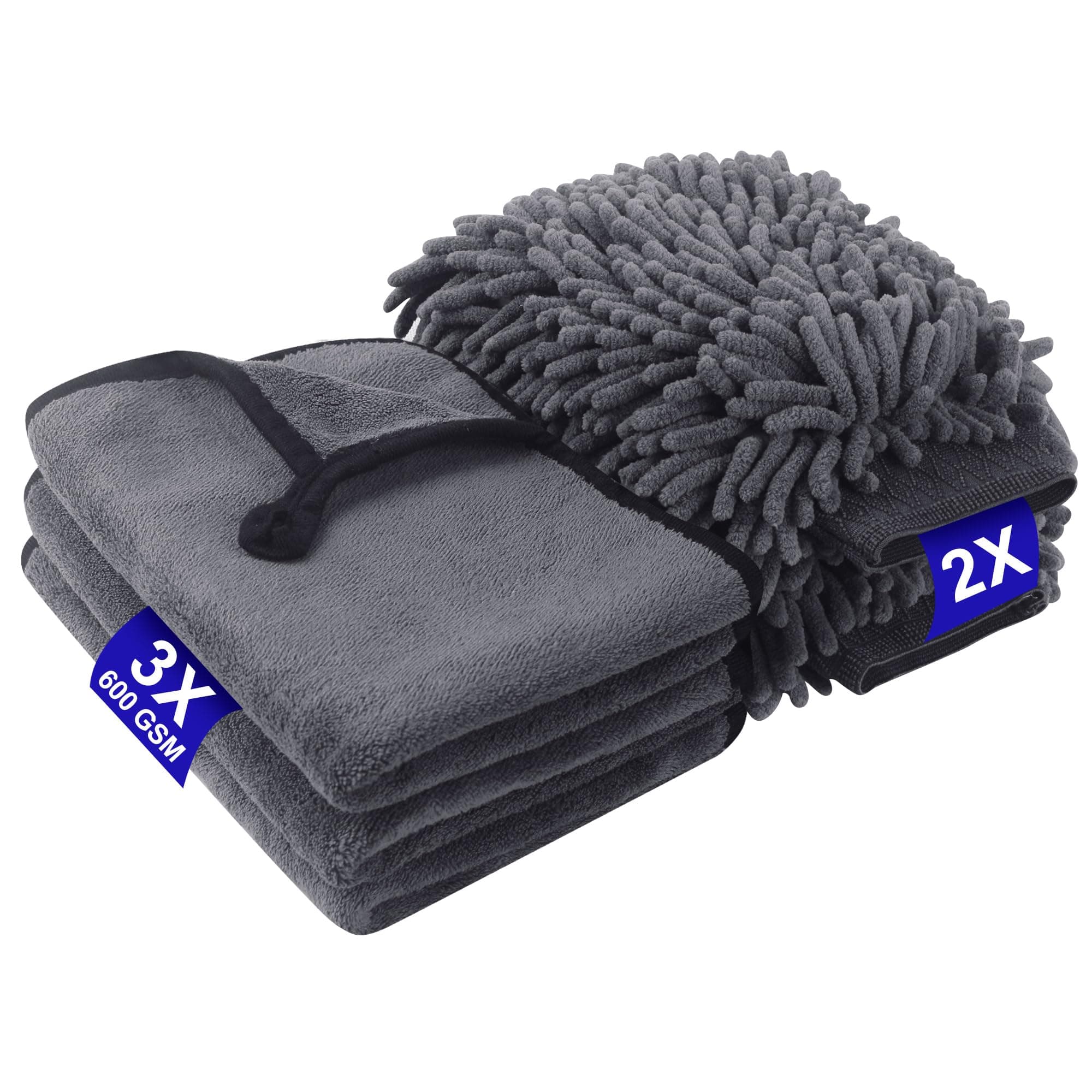 5 Stück Autopflege Set mit 3er 600GSM Mikrofasertücher Auto & 2er Mikrofaser Waschhandschuh Auto, 100% Kratzfrei Autoreinigungsset, Waschlappen Super saugfähig (40 x 30 cm)