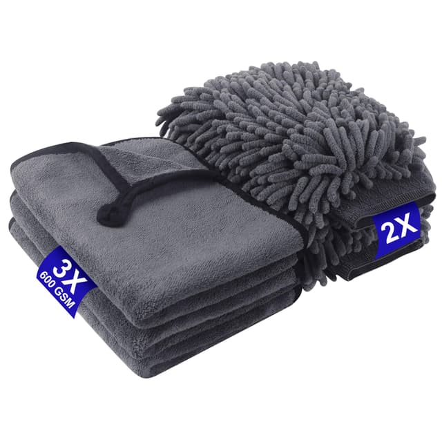 5 Stück Autopflege Set mit 3er 600GSM Mikrofasertücher Auto & 2er Mikrofaser Waschhandschuh Auto, 100% Kratzfrei Autoreinigungsset, Waschlappen Super saugfähig (40 x 30 cm)