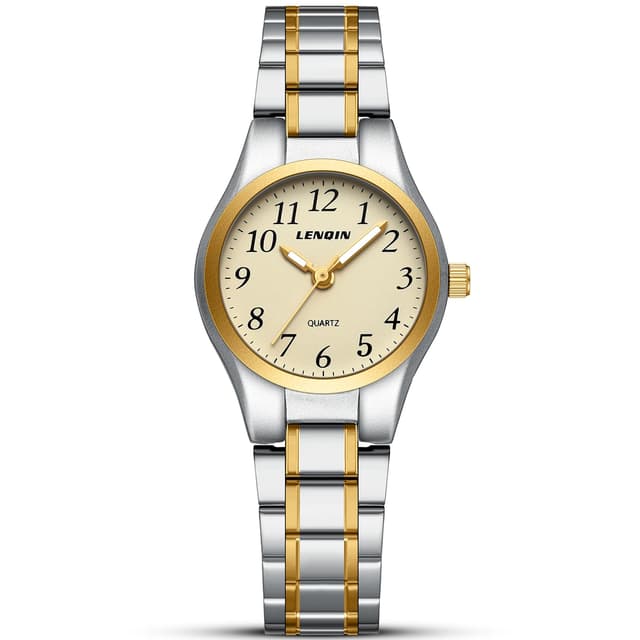 LN LENQIN Damenuhr Edelstahl Armbanduhr Damen wasserdichte Uhr Damen Klassisch Analog Quarz Damenuhren 01- Silber Gold Gold