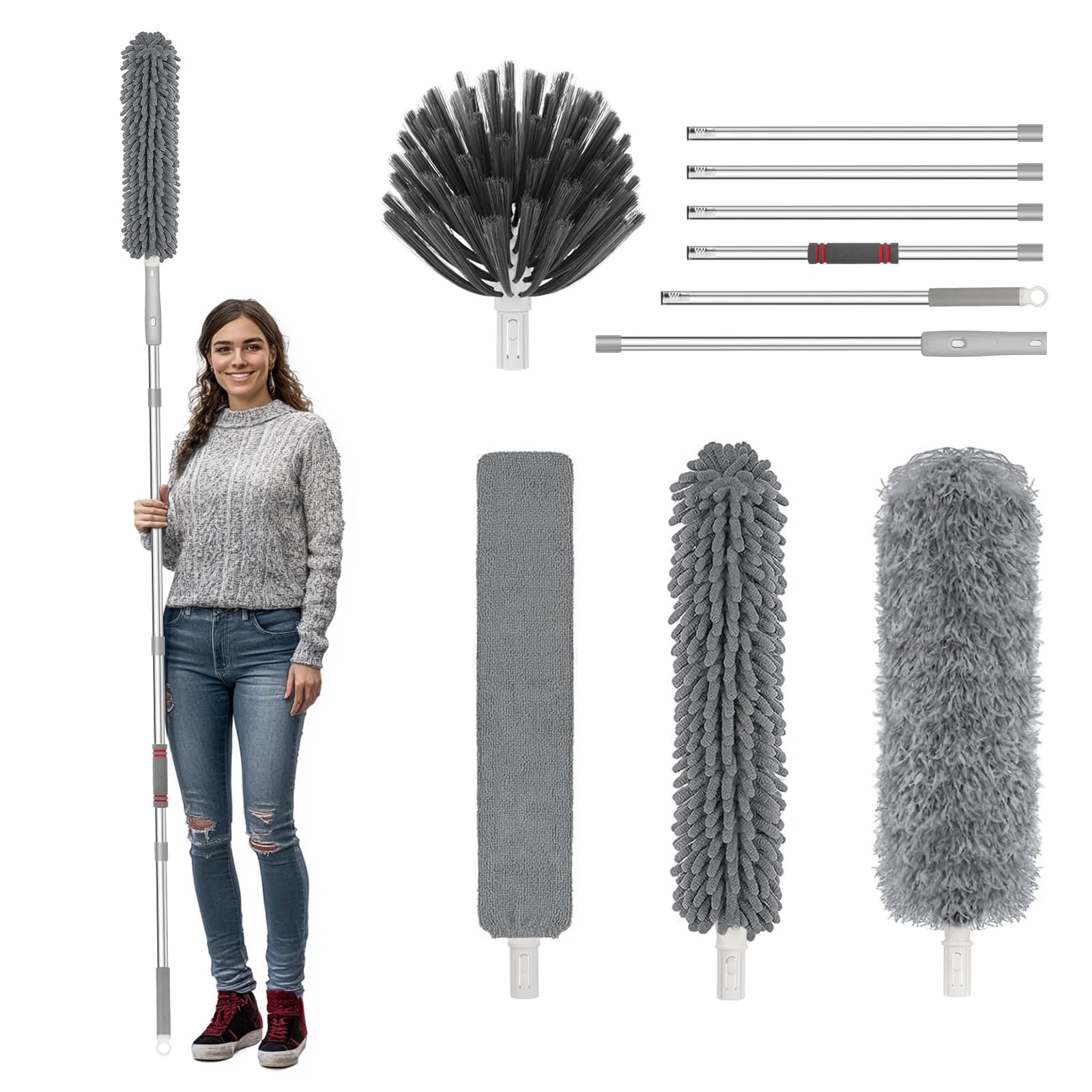 Staubwedel Teleskop Waschbar Duster Lang Ausziehbar Bis 260cm, Staubwischer mit Stärken Teleskopstange, Teleskopstiel Staubmagnet Verbiegbare Staubfänger Spinnenwebenentferner für hohe Decken 260 Centimeters