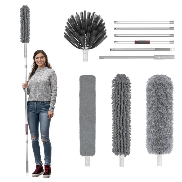 Staubwedel Teleskop Waschbar Duster Lang Ausziehbar Bis 260cm, Staubwischer mit Stärken Teleskopstange, Teleskopstiel Staubmagnet Verbiegbare Staubfänger Spinnenwebenentferner für hohe Decken 260 Centimeters