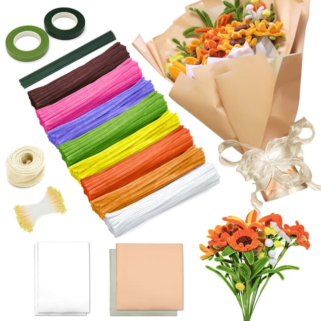 Pfeifenreiniger Set, 500 Stück 4 Farben Pfeifenreiniger Set zur Herstellung von Verschiedenfarbigen Pfeifenreiniger Sträußen, Blumenpapier, Bändern, Dochten, Stäben, kreativen Blumen DIY(Yellow) Gelb Yellow