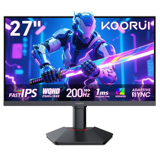 KOORUI 27 Zoll Gaming Monitor 200Hz, Fast IPS PC Bildschirm QHD2560x1440, Adaptive Sync 1ms, HDR400,HDMI 2.0 & DP 1.4, VESA 75x75 mm, Höhenverstellbar 27 Zoll 200Hz/QHD