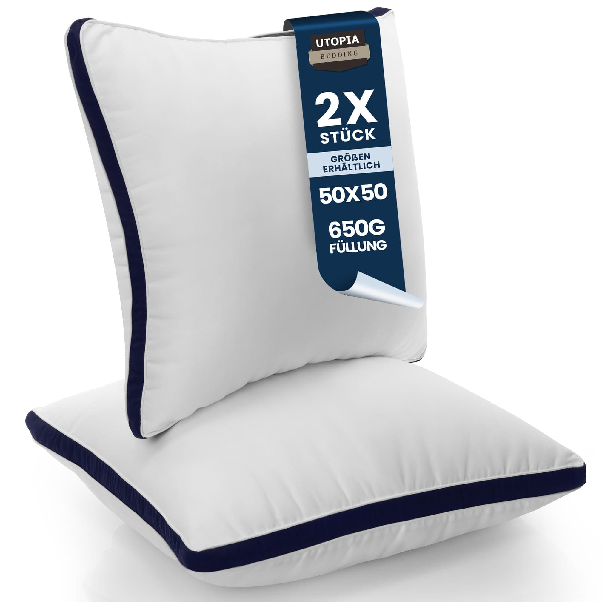 Utopia Bedding Kopfkissen (2er Set), 50 x 50 cm Schlafkissen, Gebürsteter Stoff Bezug Bettkissen, Premium Qualität Weich et Atmungsaktiv Kissen (Marineblau) 50x50 cm (2er Pack) Marineblau