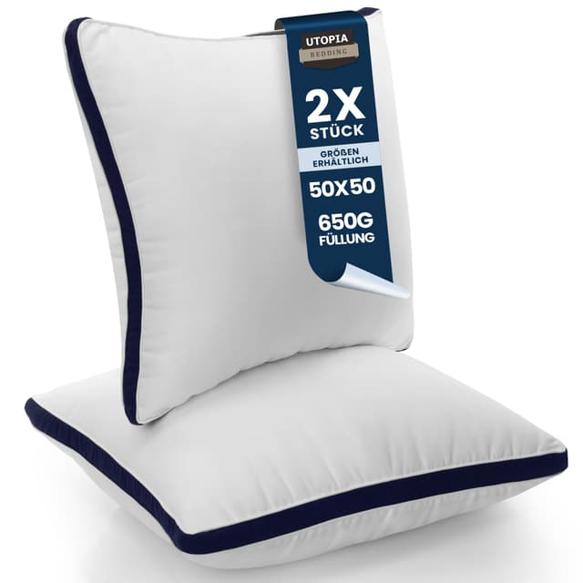 Utopia Bedding Kopfkissen (2er Set), 50 x 50 cm Schlafkissen, Gebürsteter Stoff Bezug Bettkissen, Premium Qualität Weich et Atmungsaktiv Kissen (Marineblau) 50x50 cm (2er Pack) Marineblau