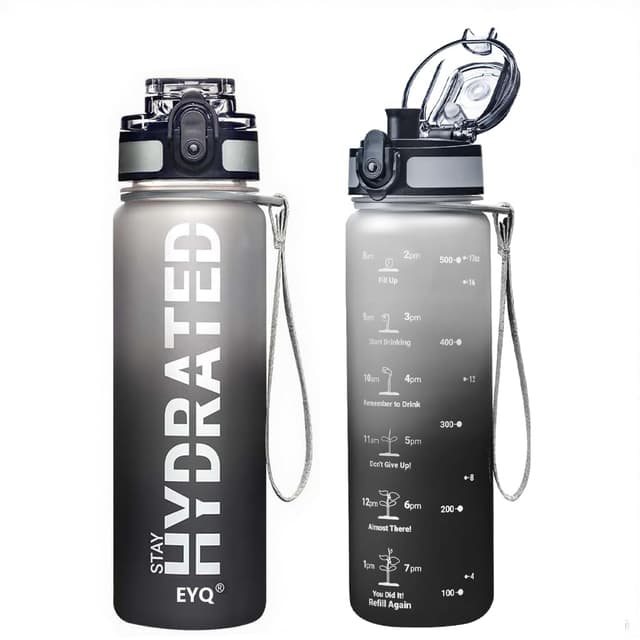 EYQ 500ml Trinkflasche, 16oz Wasserflasche, Tritan BPA Free Auslaufsicher Sport Flasche, Sportflasche mit Zeitmarkierung für Schule Fitness Gym Sport Schwarzgrau-500ml