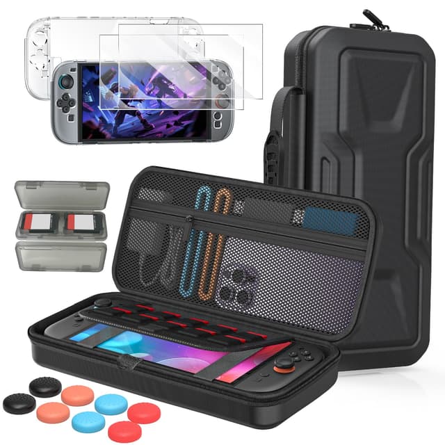 FYOUNG 5-in-1 Tasche Zubehörset für Nintendo Switch 2 (2025) - Stoßdichte Eva Harte Reisetasche Travel Case + Klare Hülle + 2X Displayschutz + Joystick Kappen + Spielkarten Aufbewahrungsbox - Schwarz