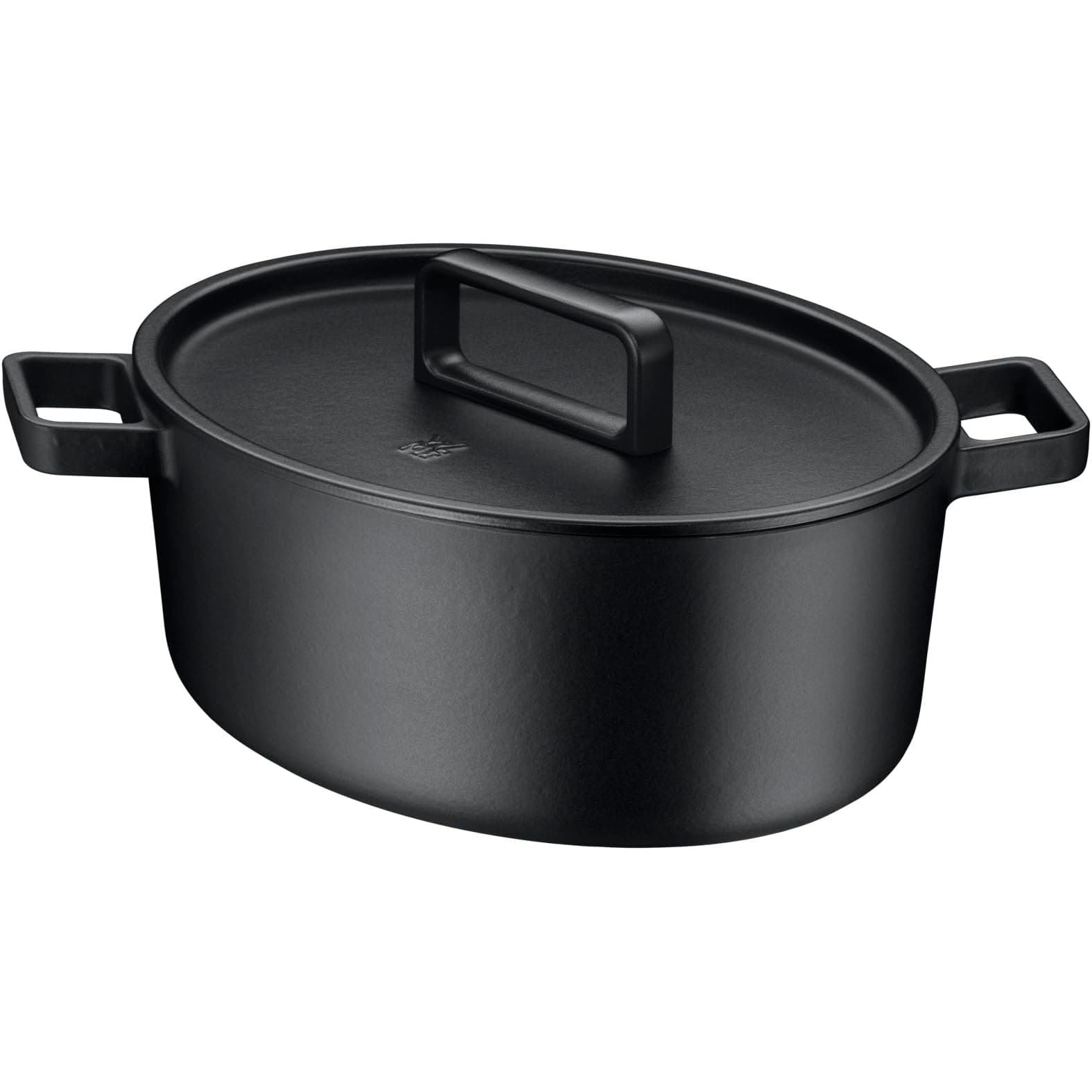 WMF Flavour Bräter oval 34 x 28 cm, Gusseisen Bräter Induktion, Gusseisen-Kochgeschirr, emailliert, Gusseisen Topf, Gussdeckel, Schmortopf, Deckel mit Kondensationsnoppen, moderne Eleganz, schwarz