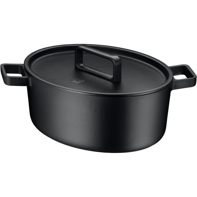 WMF Flavour Bräter oval 34 x 28 cm, Gusseisen Bräter Induktion, Gusseisen-Kochgeschirr, emailliert, Gusseisen Topf, Gussdeckel, Schmortopf, Deckel mit Kondensationsnoppen, moderne Eleganz, schwarz