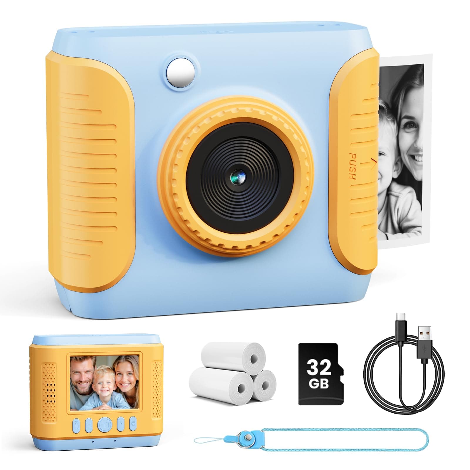 CalineGam Kinderkamera Sofortbildkamera, 1080P HD Sofortbildkamera Kinder mit 32GB Karte, 2,4 Zoll Digitalkamera Kinder, Kinderspielzeug Geschenke für Jungen und Mädchen 3-12 Jahre (Blau)