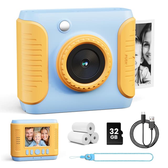 CalineGam Kinderkamera Sofortbildkamera, 1080P HD Sofortbildkamera Kinder mit 32GB Karte, 2,4 Zoll Digitalkamera Kinder, Kinderspielzeug Geschenke für Jungen und Mädchen 3-12 Jahre (Blau)