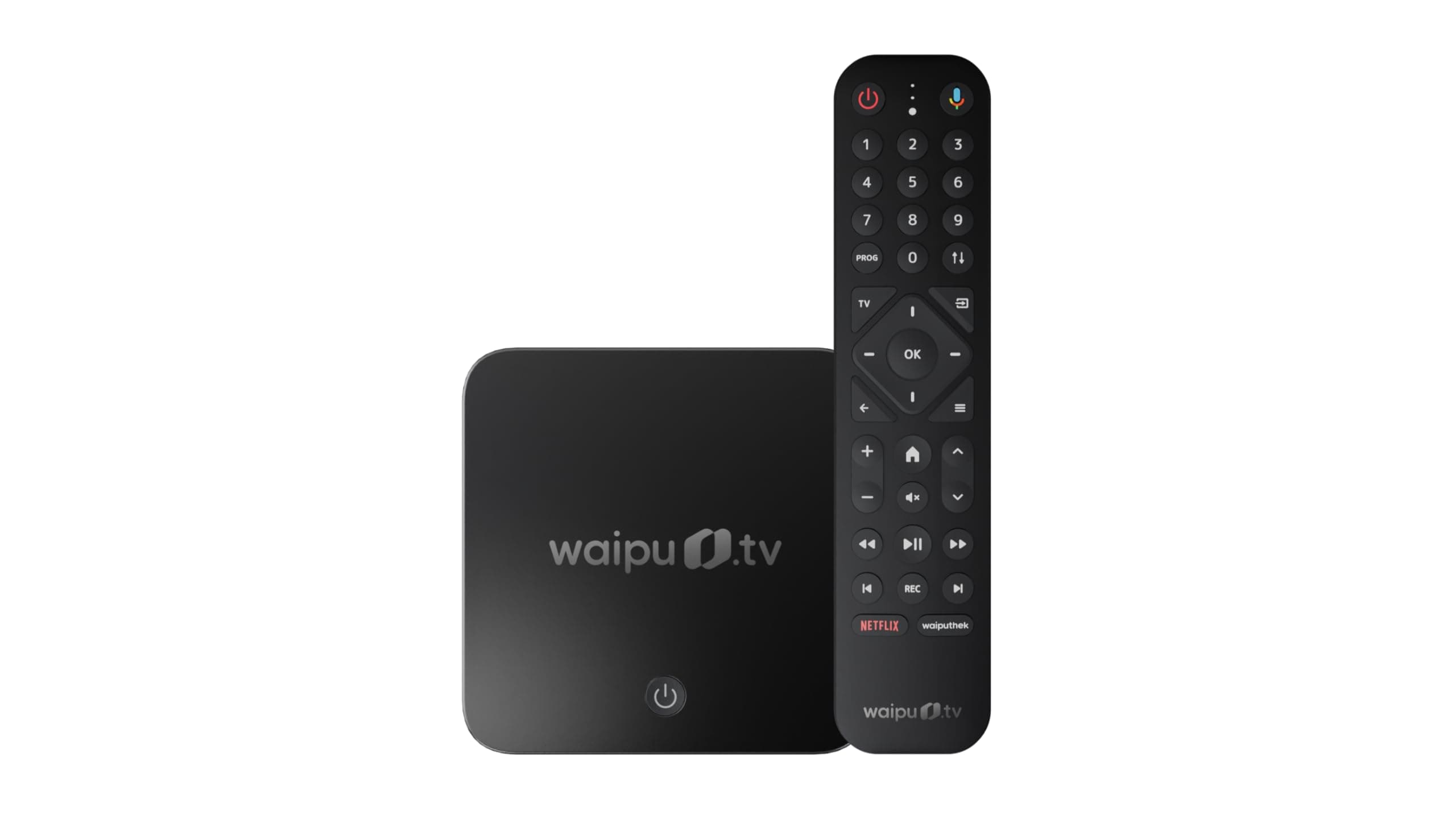 waipu.tv Box | Inkl. Fernbedienung mit Beleuchtung | Fernsehen über WLAN | LAN | HDMI | 4K | HDR10+ | Dolby Vision | Dolby Atmos | Voucher für 3 Monate 300 TV-Sender & 40.000 Filme & Serien