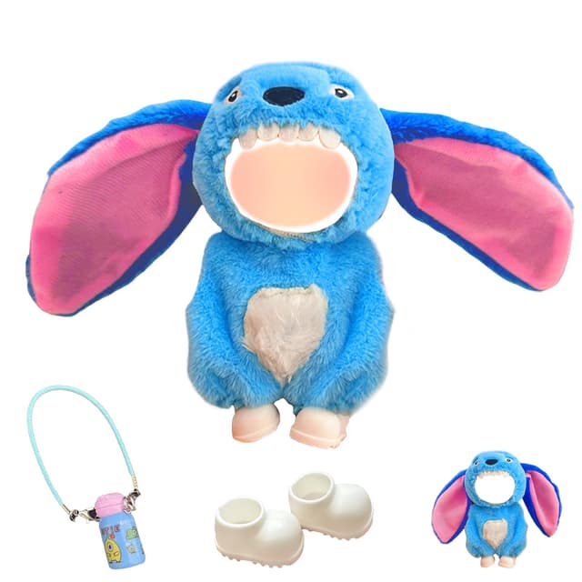 Blaue Puppe Kleidung für 17 cm Puppen, 17cm Plüsch Puppenkleidung, 17cm Cartoon Plüschpuppen Outfit mit 1 Kopfbedeckungs 1 Bodysuit 1 Anhanger 1 Schuh, Jungen Mädchen (Ohne Puppe