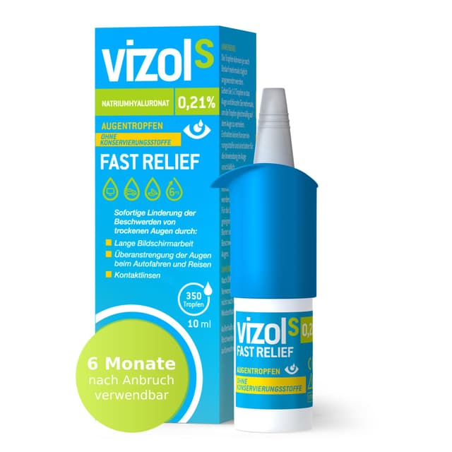 Vizol S 0,21% Fast Relief Augentropfen10 ml lindern sofort und wirksam leichte bis mittelschwere Symptome trockener und gereizter Augen, Ohne Konservierungsmittel