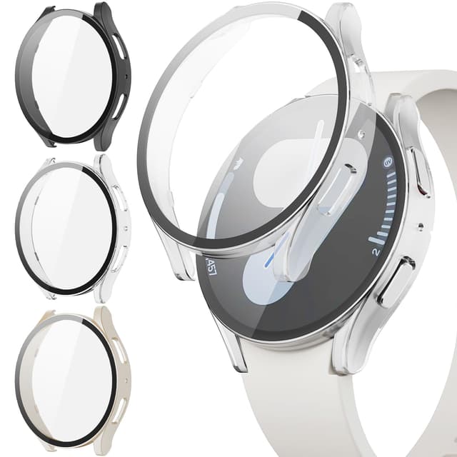 JYQ 3-Stück Schutzhülle mit Displayschutzfolie Kompatibel mit Samsung Galaxy Watch 7 40mm, Rundum Ultradünne Hard Gehäuse Eingebaut Kratzfest Gehärtetes Glas Schutzfolie für Samsung Watch 7 40mm Schwarz/Klar/Polarstern 40MM für Galaxy Watch 7