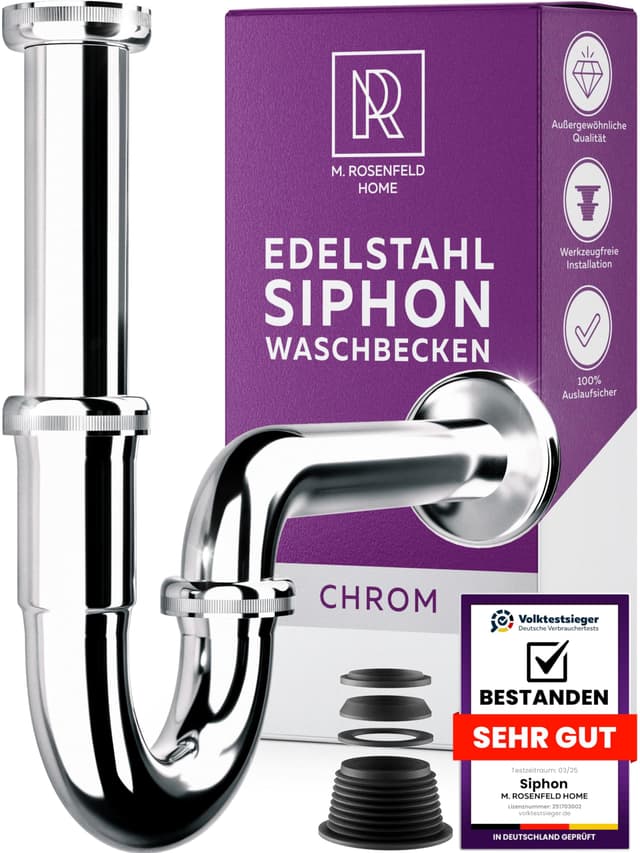 M. ROSENFELD HOME Siphon Waschbecken – Edelstahl Abflussrohr Waschbecken Tauchrohr 4-8,5cm – Geruchsverschluss – Röhrensiphon 1 1/4" – Komplettset mit Dichtungen & Rosette 1 Stk Größe S - Edelstahl Chrom Siphon