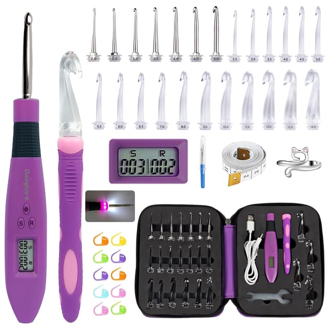 Bybykoi Leuchtendes Häkelnadel-Set, Häkelnadel-Set, digital, mit 24 austauschbaren Häkelsets, beleuchtete Häkelnadeln mit 2 LEDs, Anfänger-Strickset für Stich- und Reihenzähler (Lila-C)
