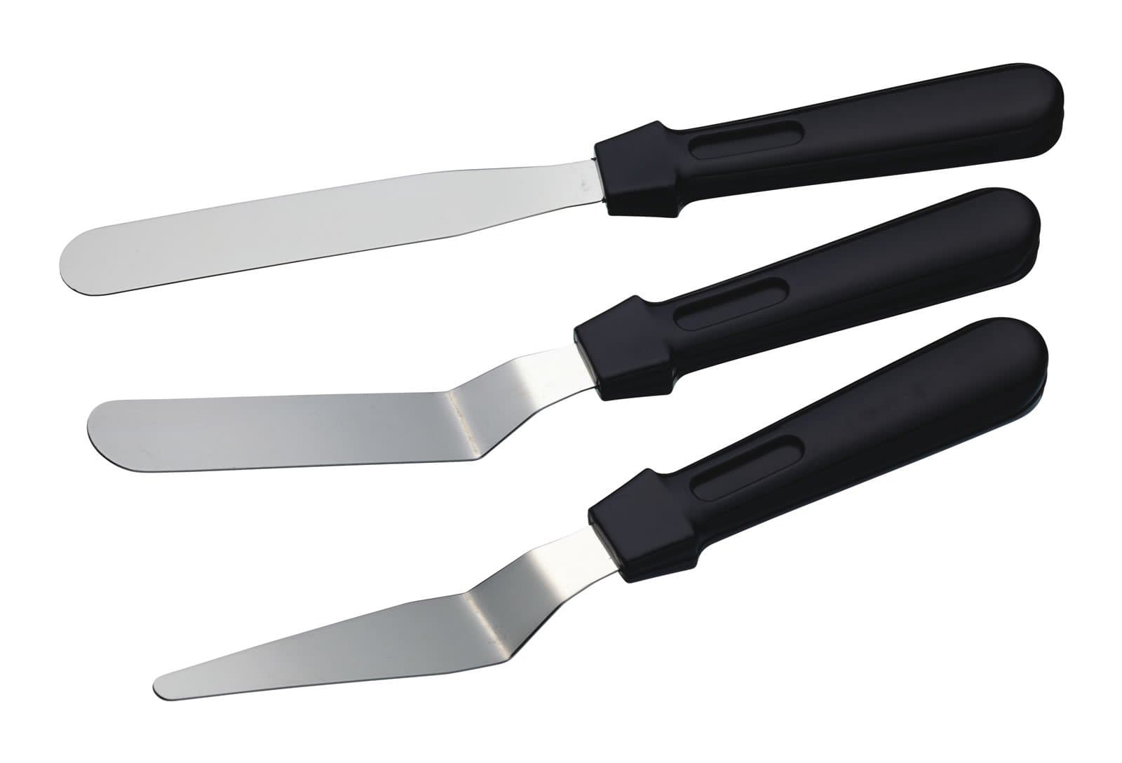 SWEETLY DOES IT KitchenCraft Palettenmesser Set aus Edelstahl mit Griff [3-teilig] - 28 x 18 x 18 cm Schwarz/Silber - Winkelpalette - Streichmesser - Tortenmesser - Winkelspachtel als Backutensil