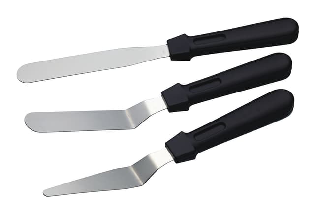 SWEETLY DOES IT KitchenCraft Palettenmesser Set aus Edelstahl mit Griff [3-teilig] - 28 x 18 x 18 cm Schwarz/Silber - Winkelpalette - Streichmesser - Tortenmesser - Winkelspachtel als Backutensil