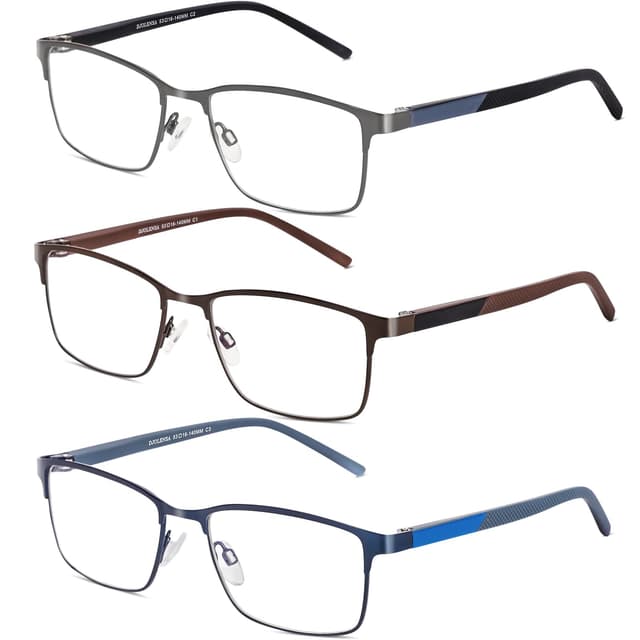 DJOLENSA 3er-Pack Lesebrillen für Männer, Blaulicht-Blocker, Computer-Lesebrille Herren, Metallrahmen mit Federscharnier & Etuis, schützt gegen Ermüdung/blendendes Licht/UV-Licht (Stärke +3.75 Waffenfarbe+braun+blau 3.75 x
