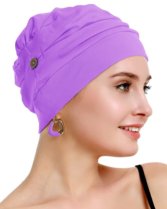 osvyo Baumwoll Chemo Kopfbedeckung für Damen mit Krebs und Haarausfall, Mütze aus Baumwolle, Leichte Kopfbedeckung, Versiegelte Verpackung Lila