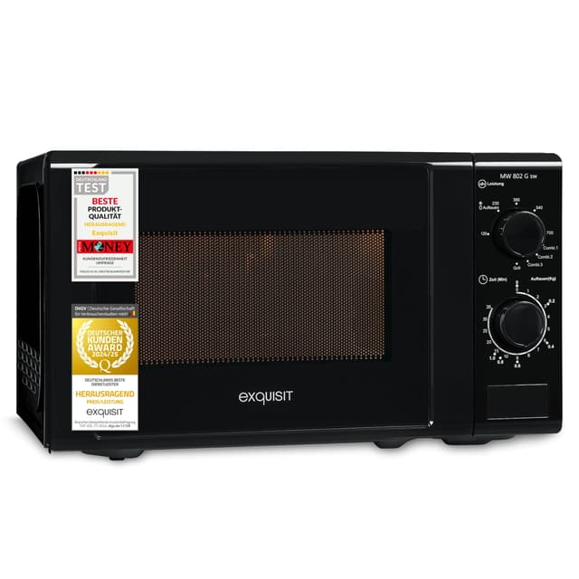 Exquisit Mikrowelle 20L, 1000 Watt Grill, 700 Watt, 25,5cm Drehteller, 5 Leistungsstufen, Timer, Auftaufunktion, 2 Drehregler, MW 802G schwarz