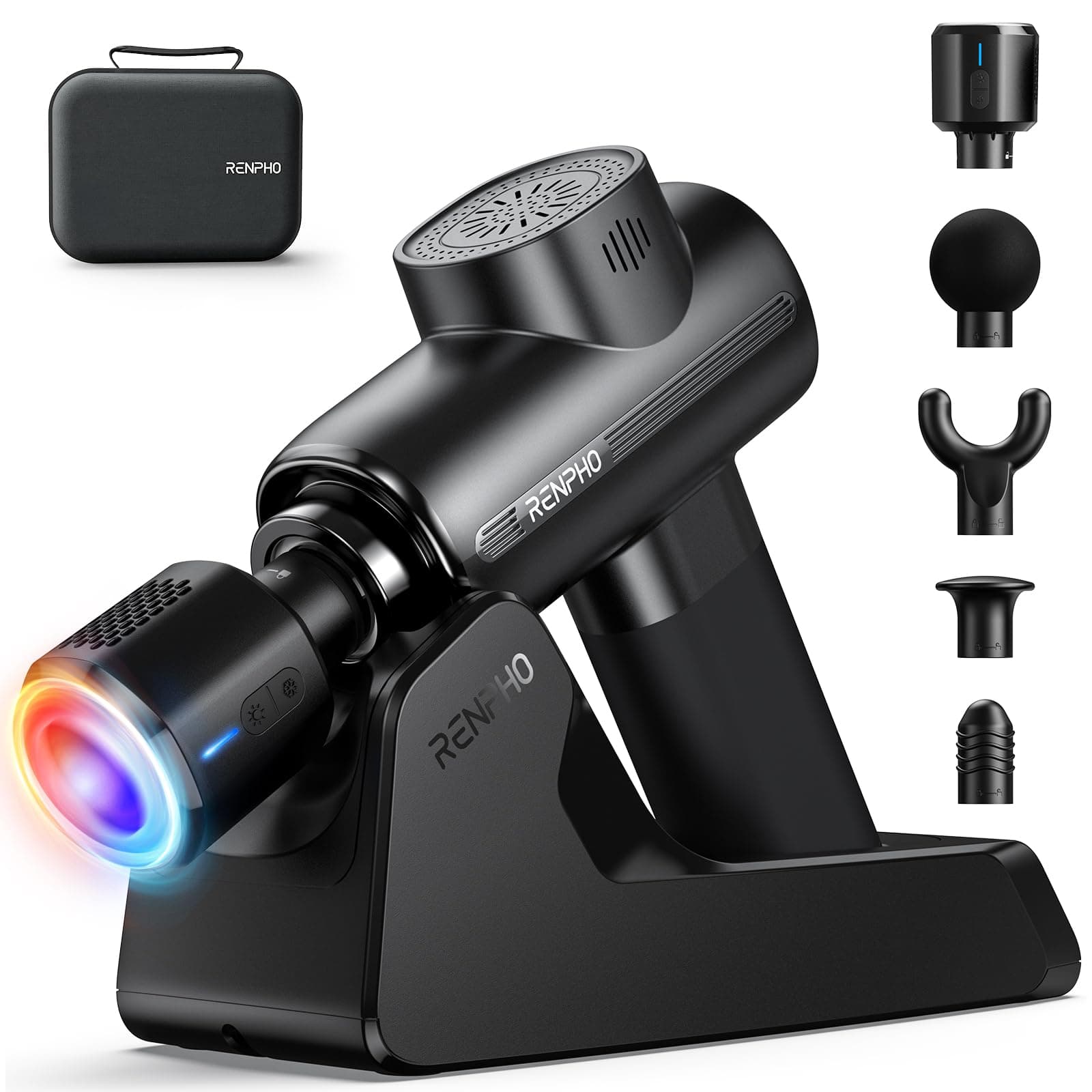 RENPHO Massagepistole für tiefes Gewebe mit Wärme und Kälte Massagekopf und Ladeständer, Muskel Perkussions Massagepistole für Sportler, Geschenke für Frauen und Männer, Active Thermacool Deluxe Aktives Thermacool Deluxe Schwarz