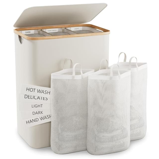 Wäschekorb Mit Deckel, 160L Extra Große Wäschekorb 3 Fächer Schmutzige Kleidung Korb für Wäsche Mit Abnehmbaren Wäschesäcken, Körbe für Schlafzimmer, Waschküche, Beige 160L Beige