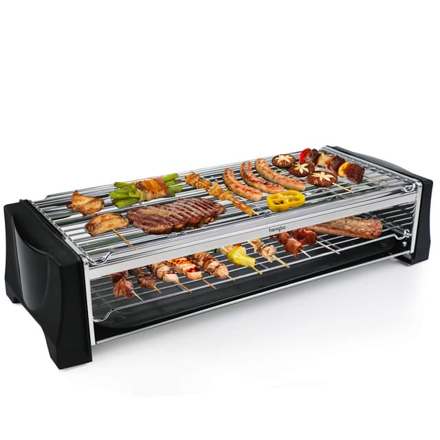 Tischgrill Elektrisch, Elektrogrill Doppelschicht, 2200W Elektro Grill Smokeless BBQ Grill für Balkon Indoor Party, Grillnetz aus Edelstahl, Schwarz