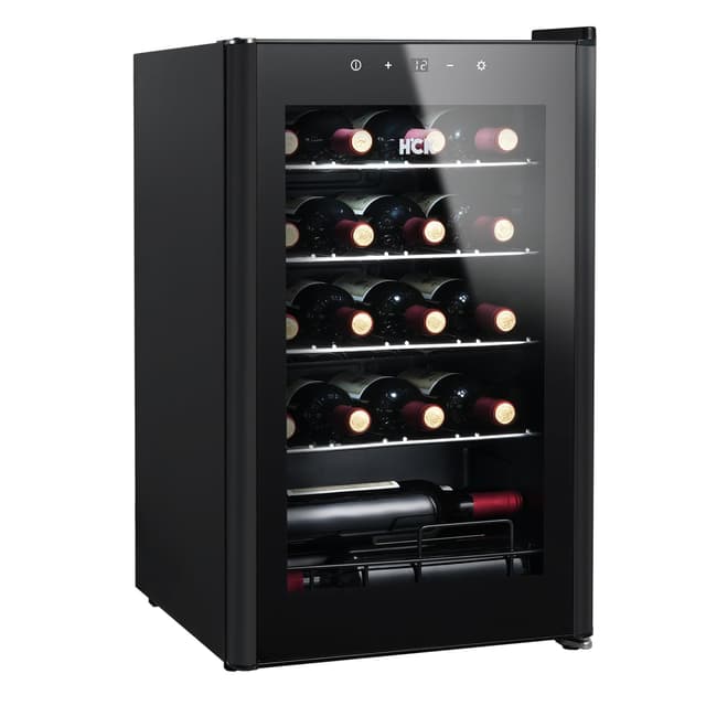 HCK 70L Weinkühlschrank für 24 Flaschen, 4-22°C Weinkühlschränke Flaschenkühlschrank, Getränkekühlschrank mit Glastür, Geräuscharmer Weinschrank, Frostfreie Glastür, Vollglas-Touchpanel, Schwarz