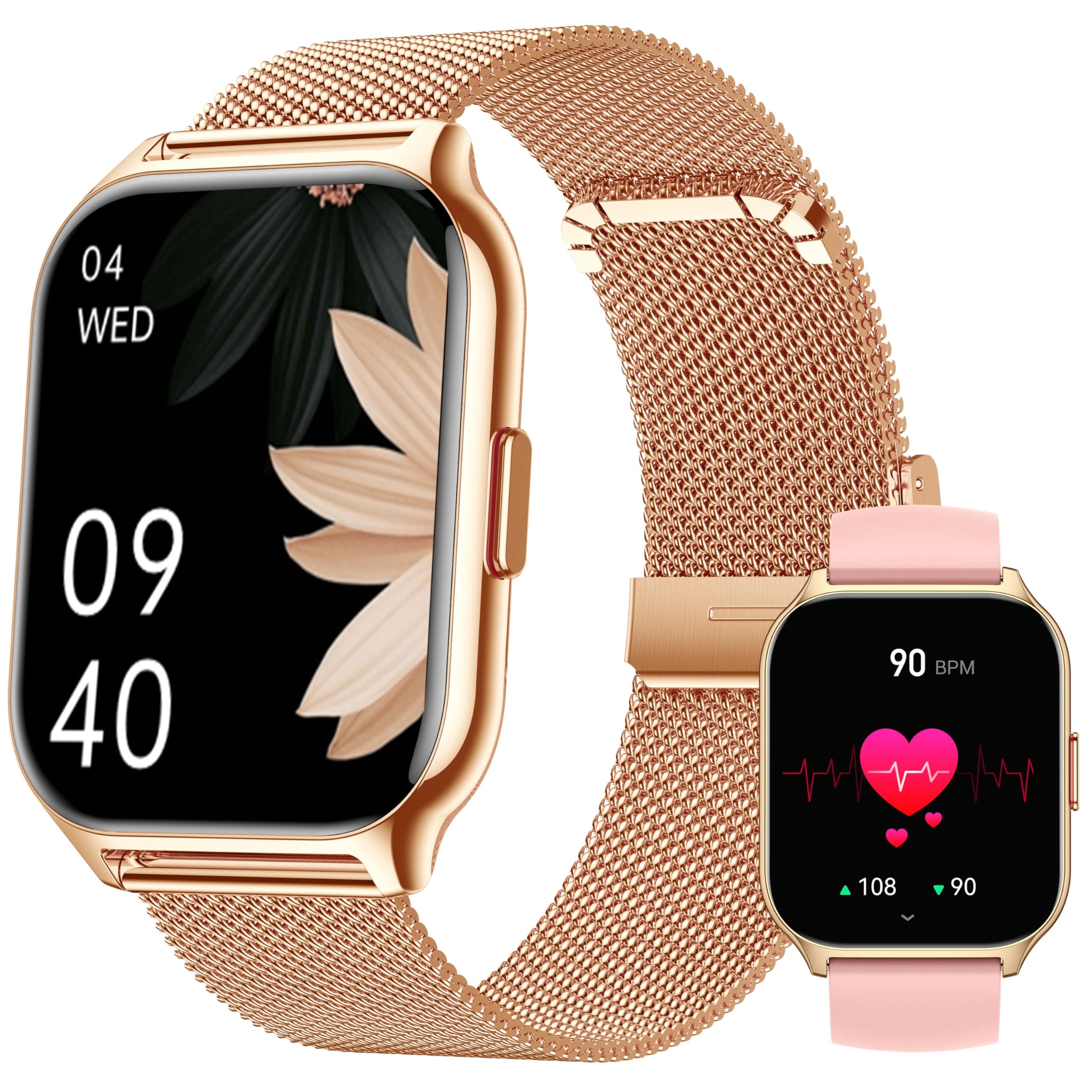 ZOSKVEE Smartwatch für Damen Herren, Fitnesstracker 2 Zoll Touch-Farbdisplay mit Telefonfunktion, Armbanduhr Blutdruckmessung Herzfrequenz Schlafmonitor SpO2, Sportuhr Schrittzähler für Android iOS Roségold+Silikon rosa