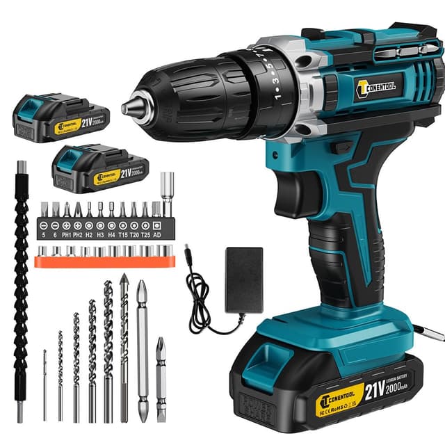 Akkuschrauber 21V Akku Bohrschrauber Set 25+3 Drehmomentstufen Klein Akkubohrer 45N.m mit 2*2Ah Akku und Ladegerät Bohrmaschine Schlagbohrschrauber mit 10mm Bohrfutter LED-Licht Tragetasche 30 Zubehör Blau