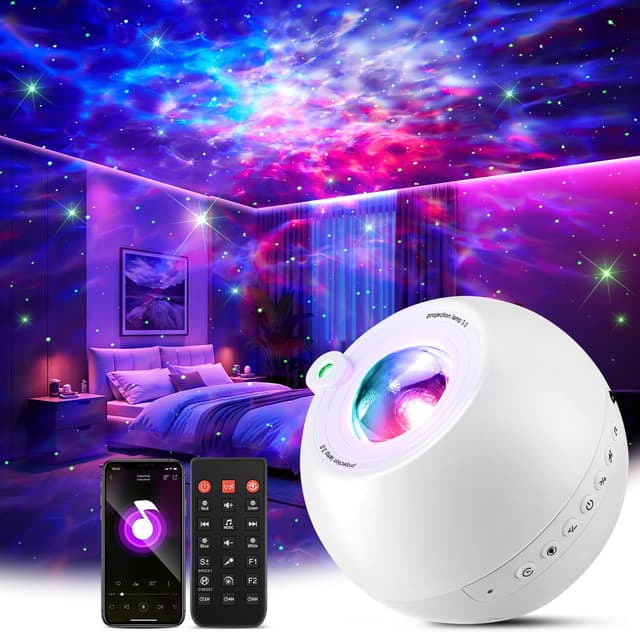 One Fire Sternenhimmel Projektor Kinder, 15 Farben Einschlafmusik White Noise Machine Baby Nachtlicht Kinder, Bluetooth Fernsteuerung Kinderzimmer Gaming Deko, Coole Sachen Teenager MäDchen Geschenke Weiß