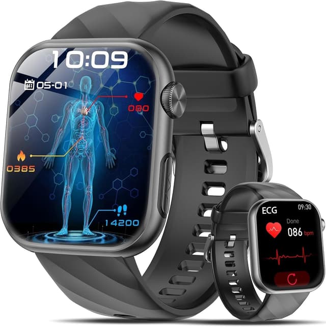 Lgnitek Smartwatch Herren Damen mit EKG+HRV/ΒΙυtｚυcker/Harnsäure/BMI, 1,97'' AMOLED Gesundheitsuhr mit Telefonfunktion, SOS-Notruf, 24H ΒΙυtdrυck/Herzfrequenz/SpO2 Schlafmonitor für Android/iOS Schwarz