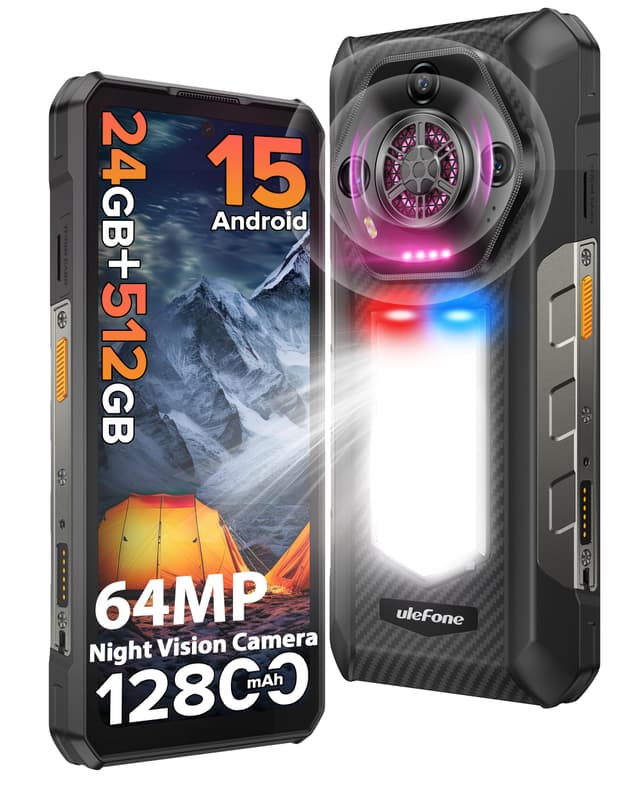 Ulefone Armor 30 24GB + 512GB Outdoor Handy Android 15, 12800mAh Outdoor Smartphone Ohne vertrag, 1236 Lumen LED 64MP Nachtsicht IR 6.95" FHD+ 66W Schnellladung 118 dB Lautsprecher 4G Baustellenhandy Schwarz
