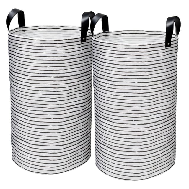 rigors 2 Stück 60L Faltbare Wäschekorb, Groß Wäschesack mit verstärkten Nieten PU-Ledergriffen, Wäschetonne freistehender Laundry Basket wasserdicht innen Wäschesammler für Badezimmer schwarz