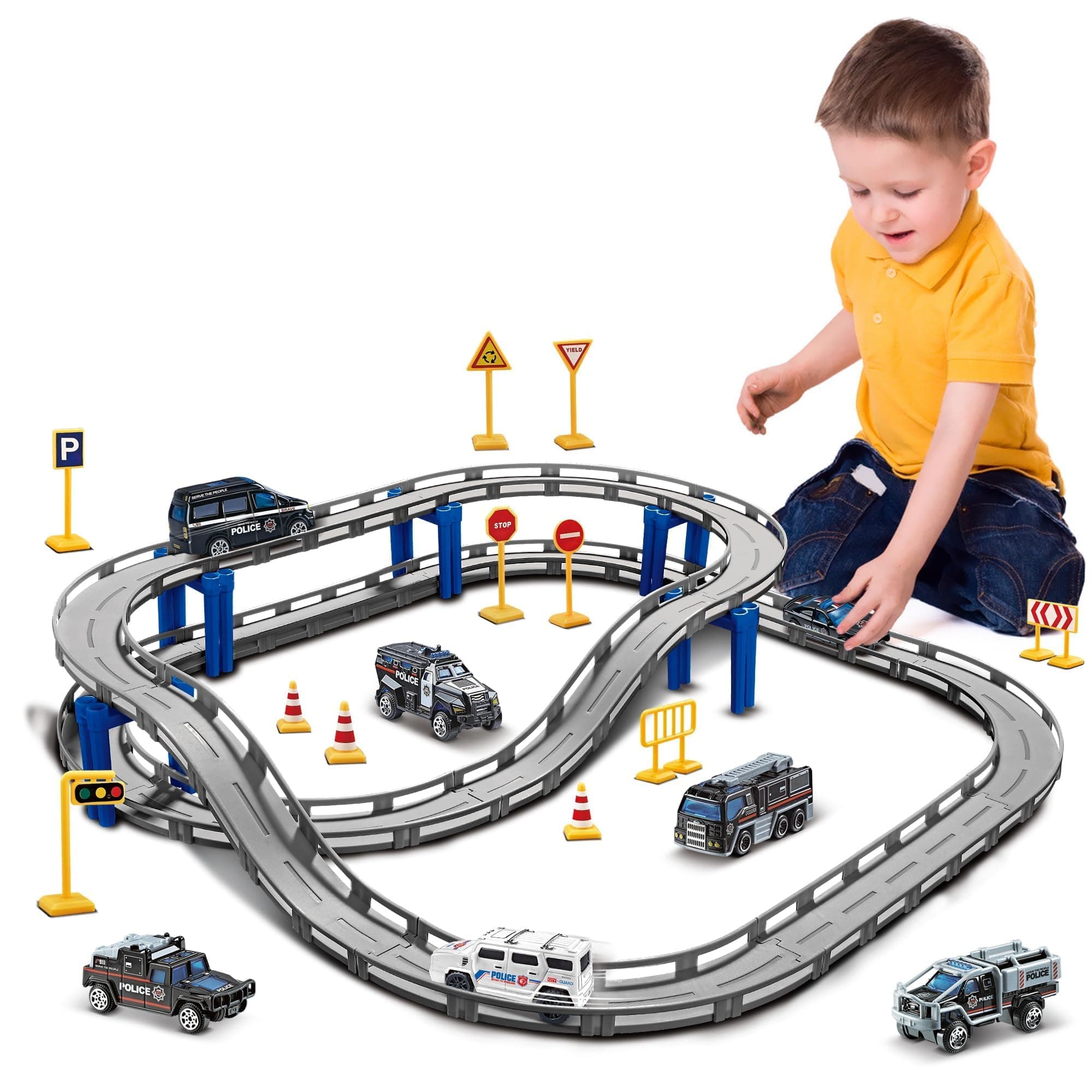 BASAMOU Elektrische Eisenbahn Kinder 3 4 5 6 7 8 Jahre, Autorennbahn Rennbahn Zugspielzeug Kinder, Rennstrecke Schienen Auto Spielzeug Elektroauto Cars Junge Mädchen Geschenk (mit 4 Zufallsfahrzeugen) Polizei