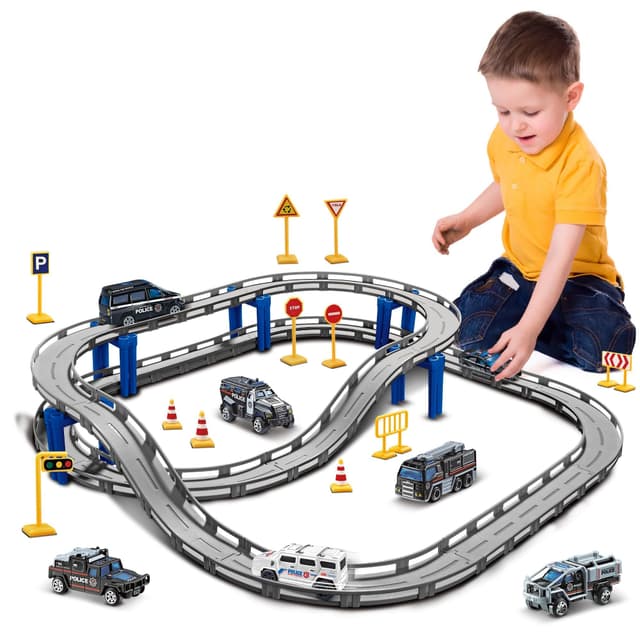BASAMOU Elektrische Eisenbahn Kinder 3 4 5 6 7 8 Jahre, Autorennbahn Rennbahn Zugspielzeug Kinder, Rennstrecke Schienen Auto Spielzeug Elektroauto Cars Junge Mädchen Geschenk (mit 4 Zufallsfahrzeugen) Polizei