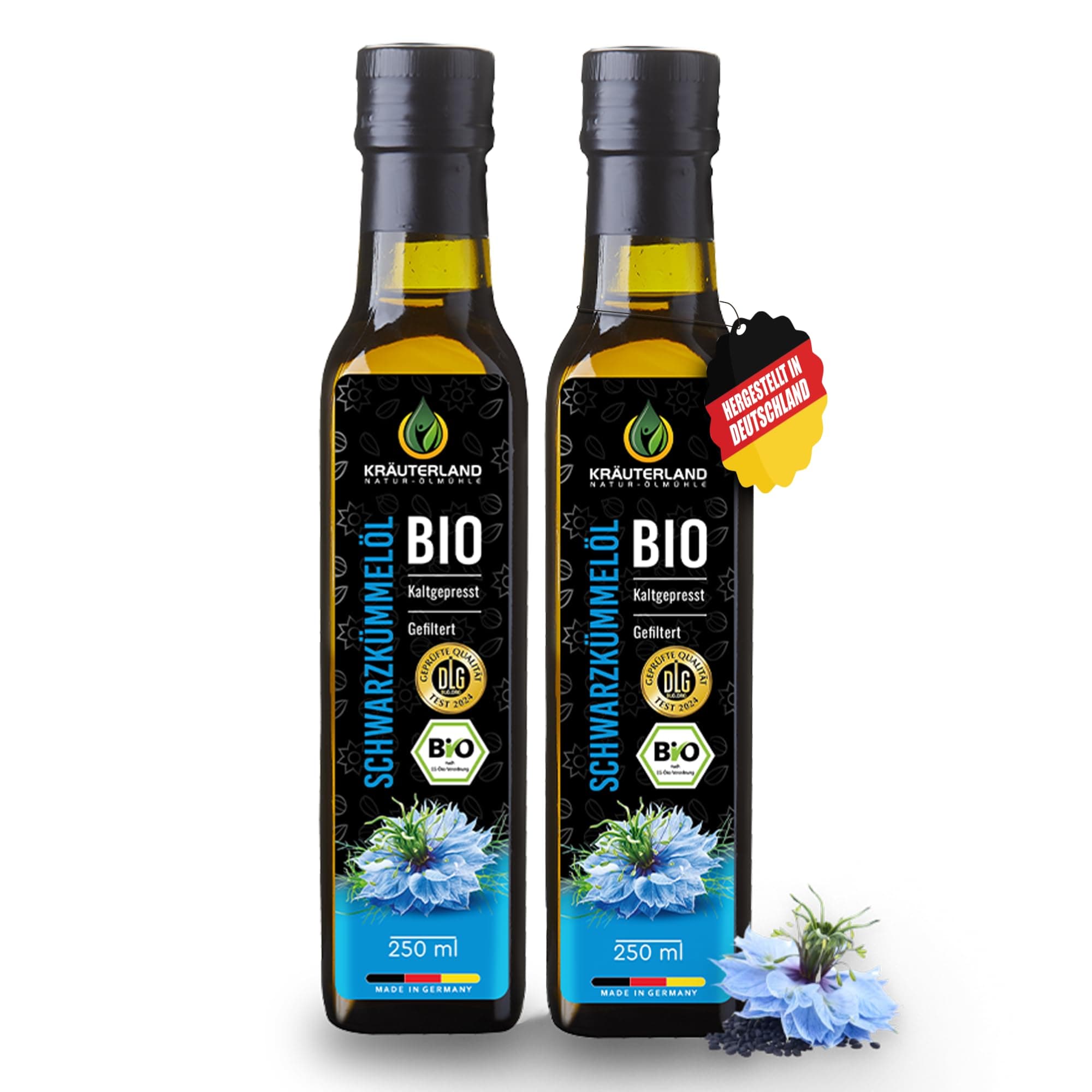 Kräuterland Bio Schwarzkümmelöl 2X250ml (500ml), gefiltert, ohne Zusatzstoffe, hoher Thymochinon, Omega Fettsäuren, kaltgepresst, vegan, mild, mühlenfrisch aus unsrer hessischen Ölmühle 250 ml (2er Pack)