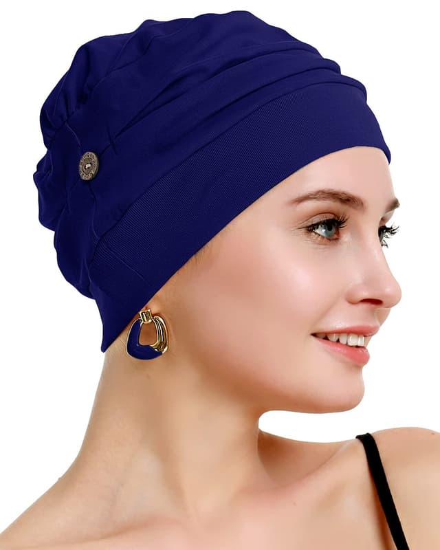 osvyo Baumwoll Chemo Kopfbedeckung für Damen mit Krebs und Haarausfall, Mütze aus Baumwolle, Leichte Kopfbedeckung, Versiegelte Verpackung BAUMWOLLE KÖNIGSBLAU