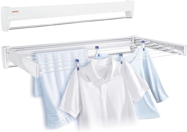 Leifheit Wandtrockner Telegant 81 Protect Plus zum Ausziehen, hängender Wäschetrockner im kleinen, kompakten Format, Wäscheständer Wand ausziehbar, Wandwäschetrockner für drinnen und draußen geeignet 8,1m mit Handtuchstange